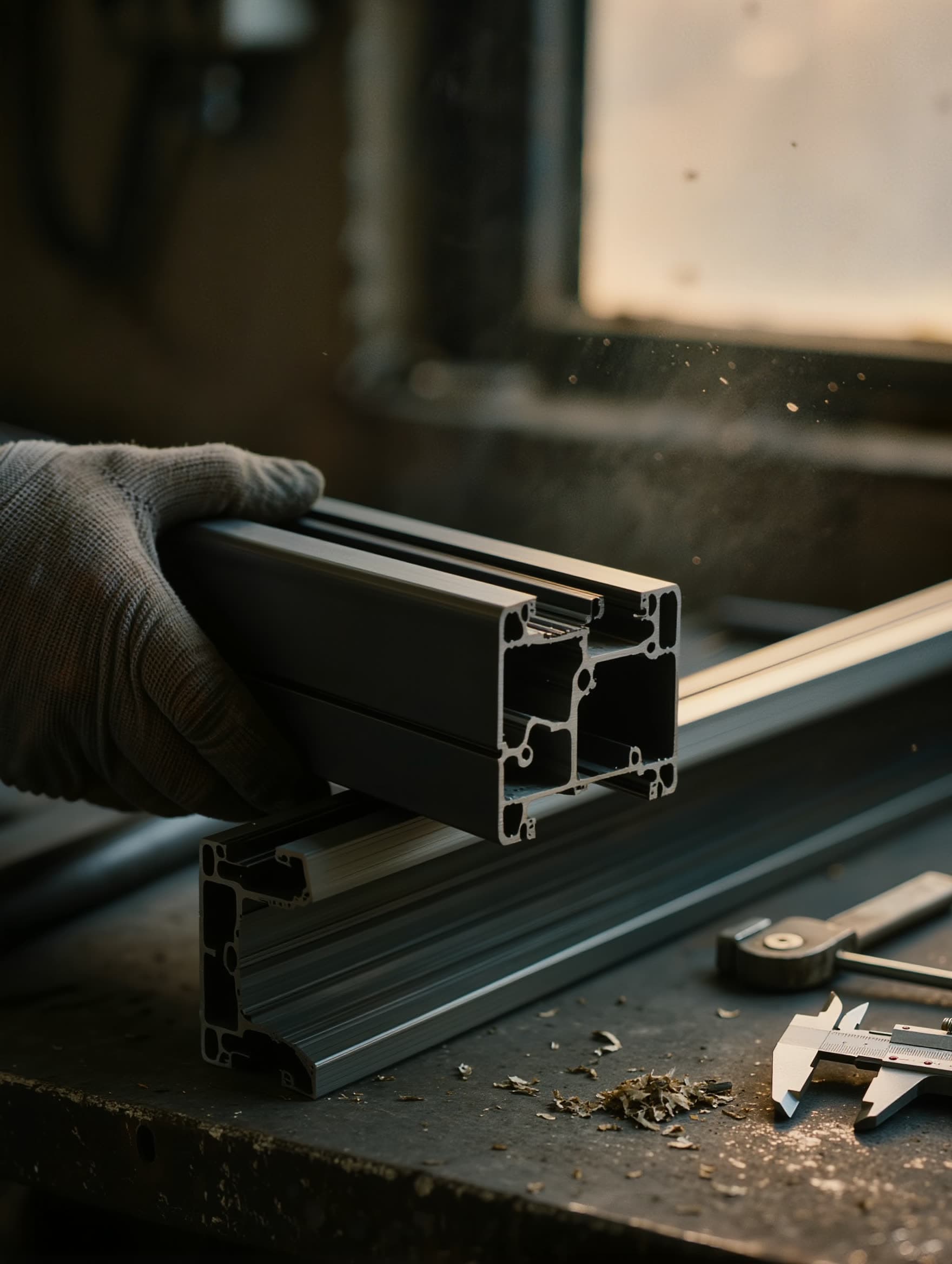 Atelier PROMOSTORE ALU — mains alignant un profilé aluminium noir mat sur un établi, lumière chaude d'atelier.
