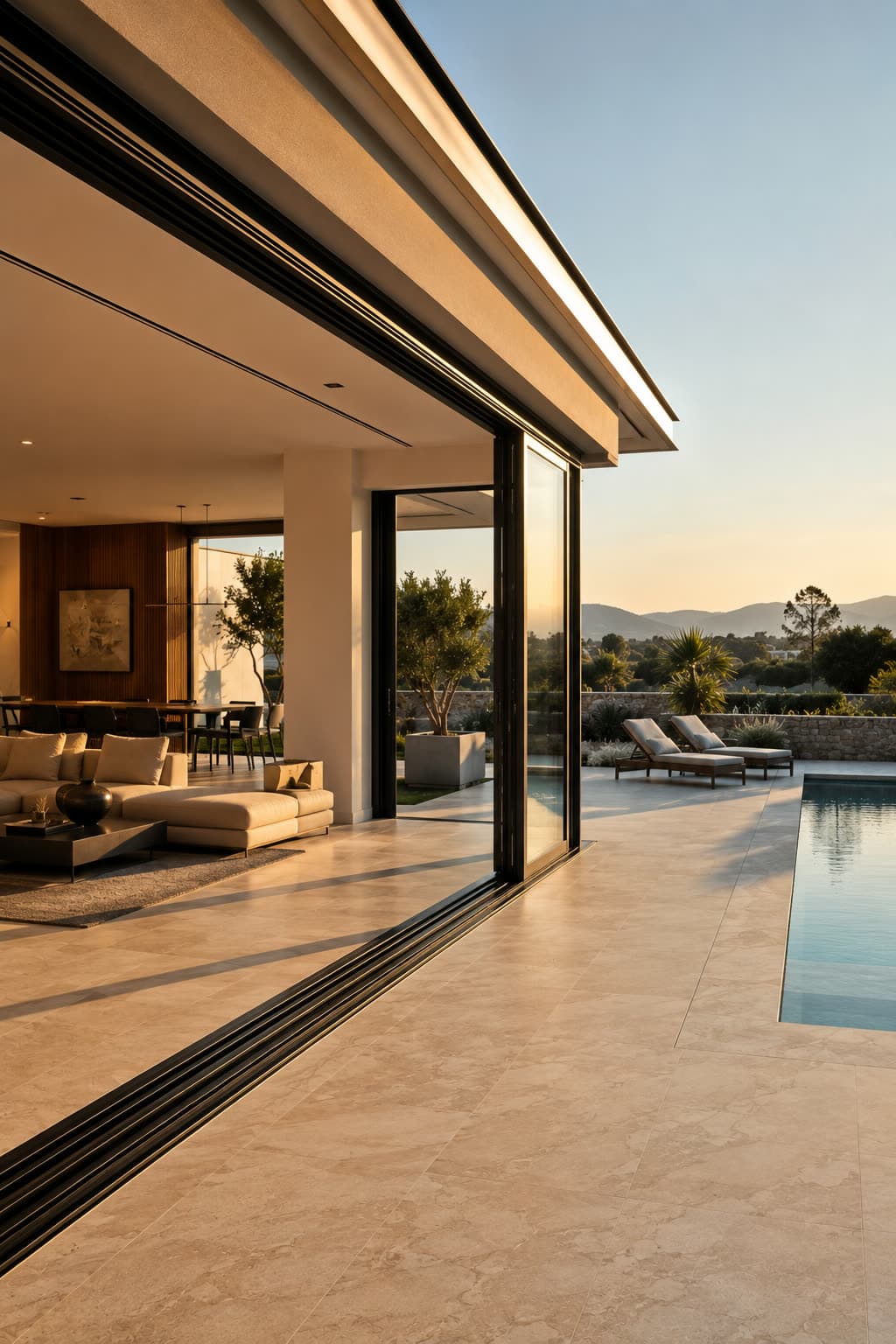 Villa Souissi — baies vitrées aluminium ouvertes sur terrasse et piscine.