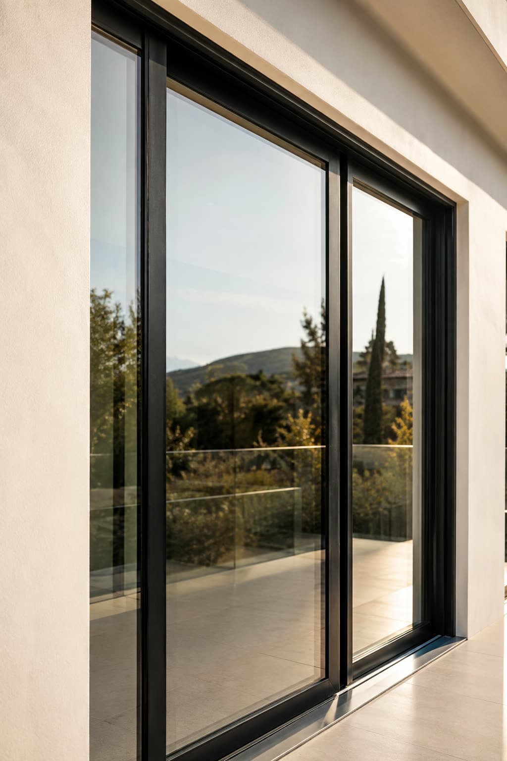 Grandes fenêtres aluminium à profilés fins, châssis noir mat, vue sur jardin méditerranéen.