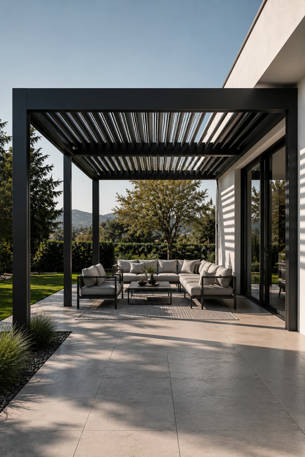 Pergola bioclimatique en aluminium anthracite avec lames orientables au-dessus d'un patio meublé, vue jardin.