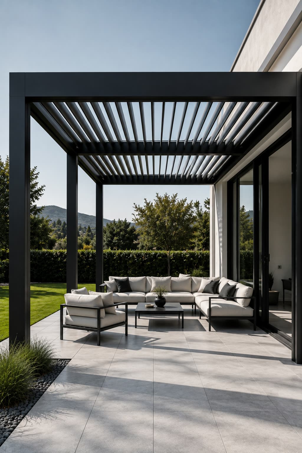 Villa Témara — pergola bioclimatique en aluminium anthracite sur terrasse jardin.