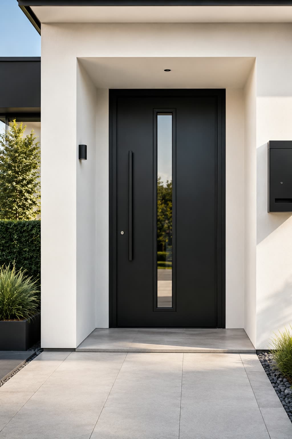 Porte d'entrée aluminium noir mat avec poignée bâton verticale et hublot vitré vertical.