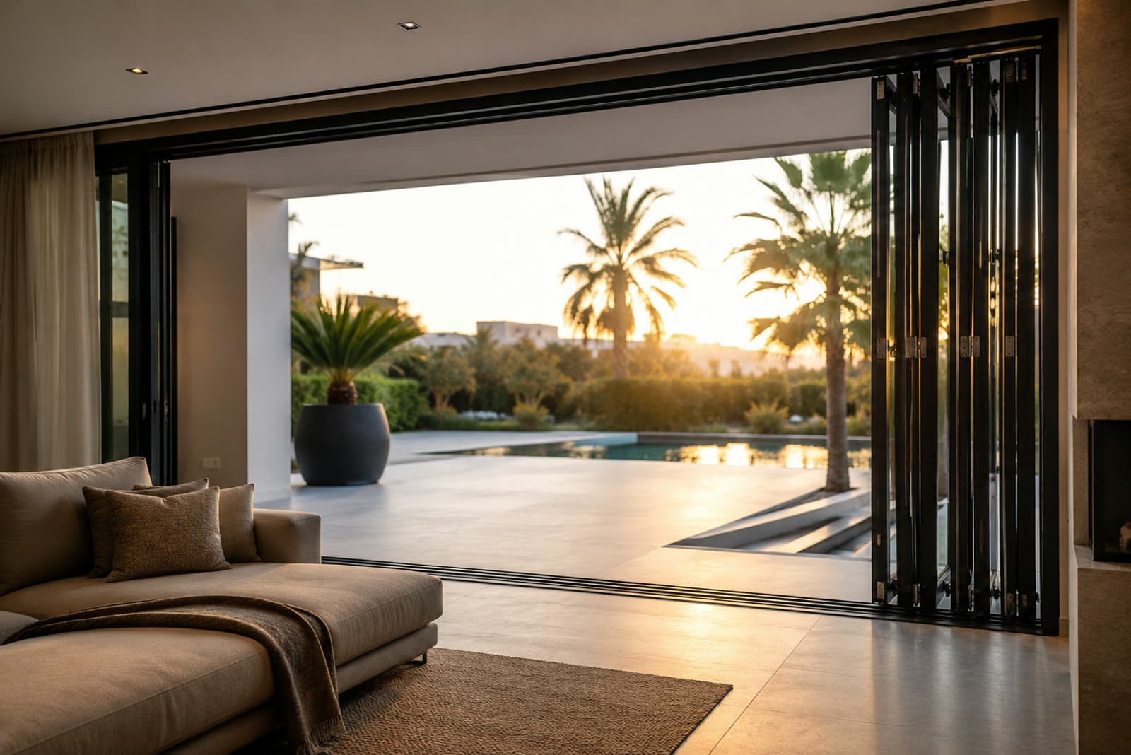 Baie vitrée accordéon en aluminium noir mat entièrement repliée, séjour de villa ouvert sur terrasse, piscine et palmiers au coucher de soleil à Témara.
