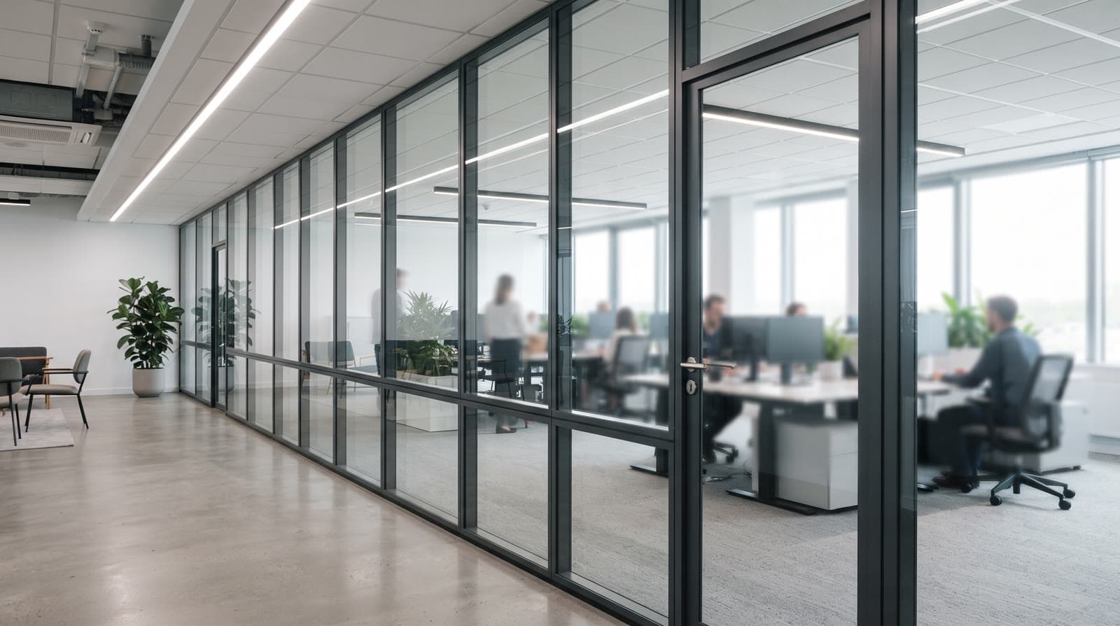 Double cloison vitrée en aluminium noir dans un bureau contemporain, séparation d'open-space toute hauteur avec porte intégrée.