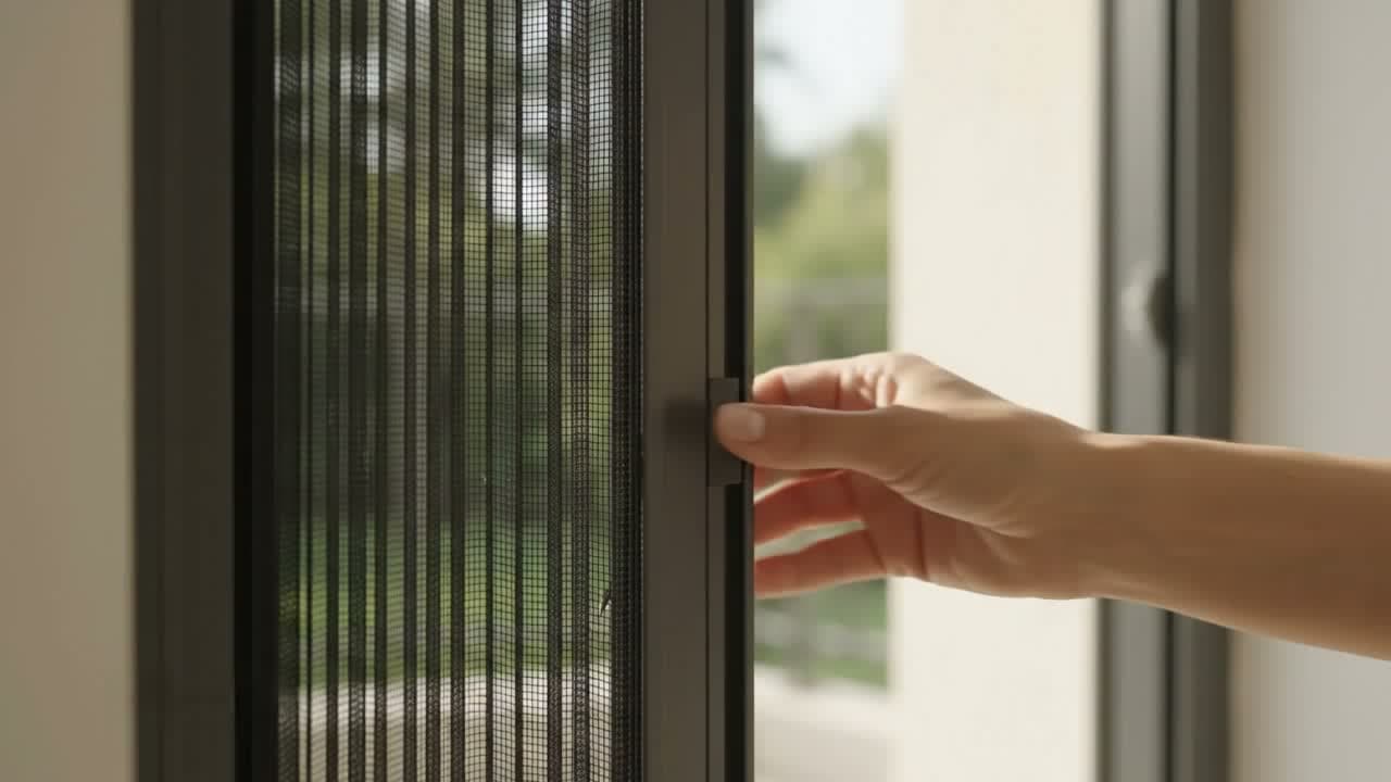 Moustiquaire aluminium coulissante sur une baie donnant sur un balcon, cadre noir et toile fine, main faisant coulisser le vantail.