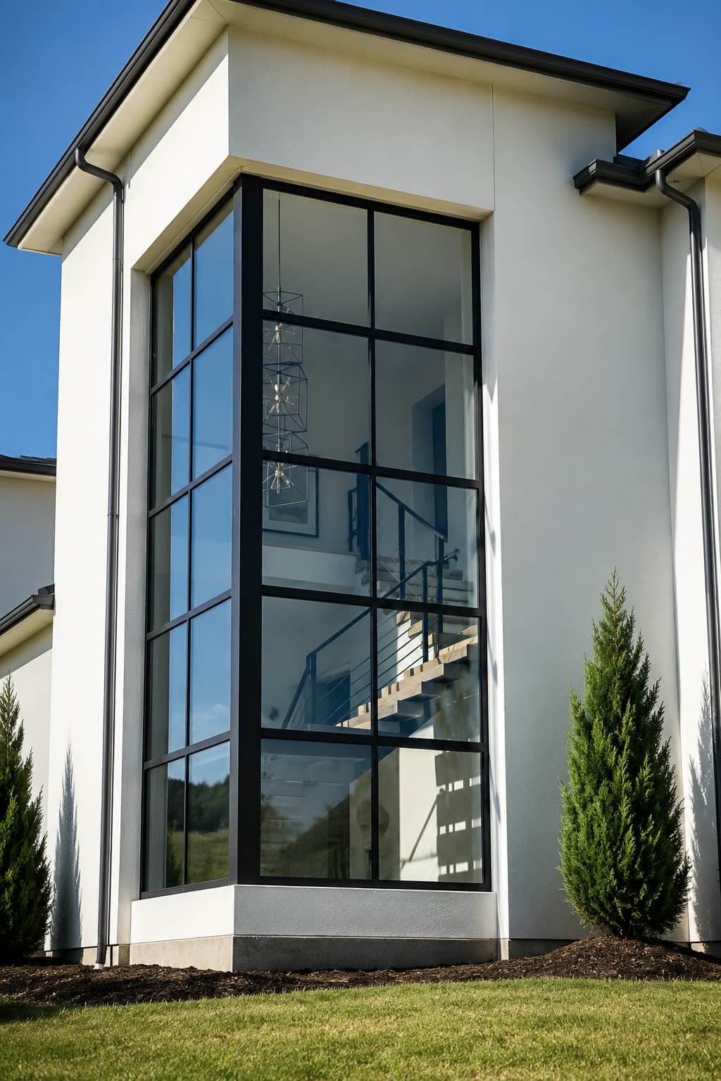 Mur rideau aluminium à Témara — façade d'angle vitrée toute hauteur, trames verticales fines et profilés noir mat.