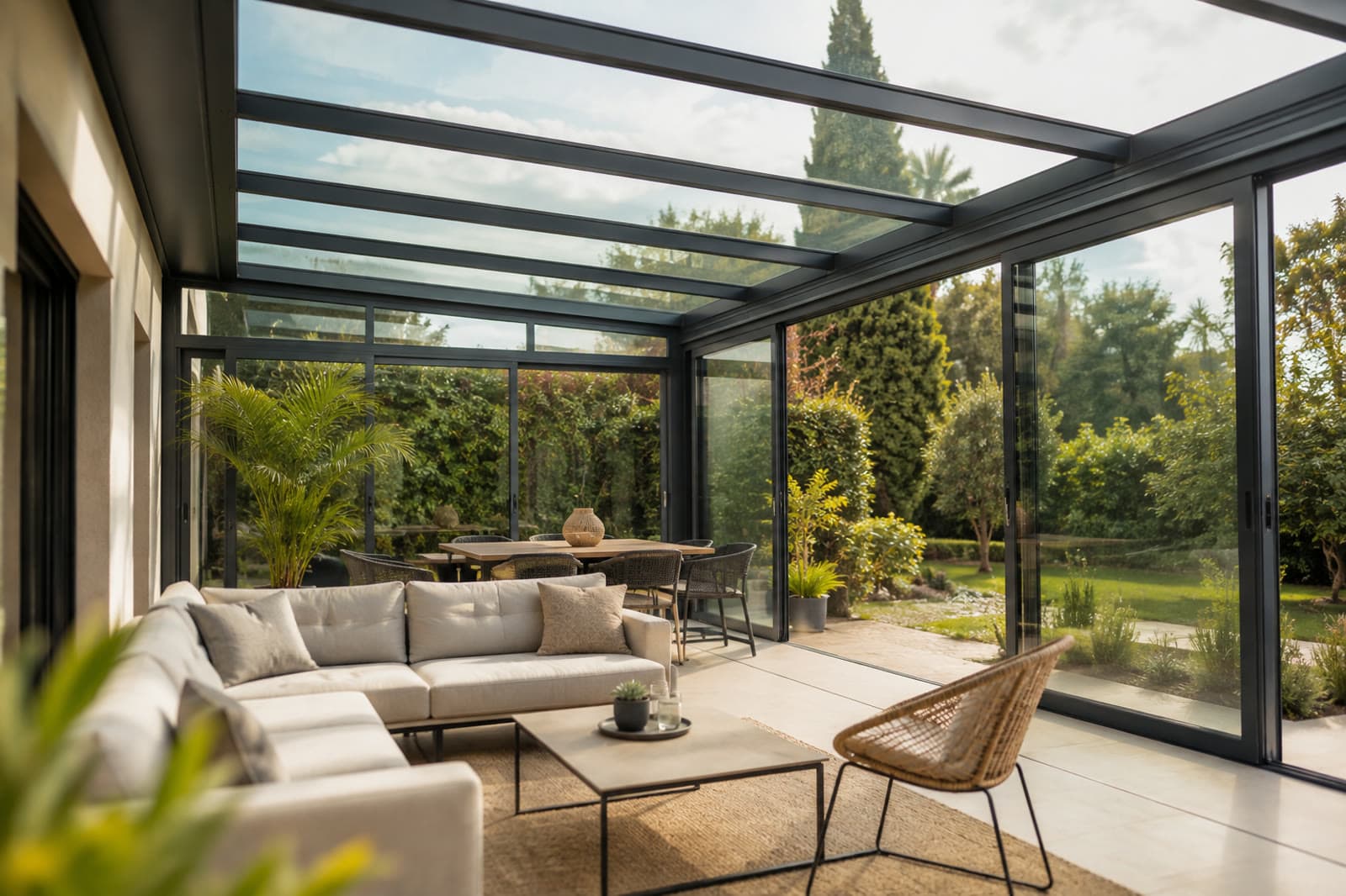 Véranda en aluminium anthracite avec toiture vitrée et baies coulissantes, salon prolongé sur le jardin.