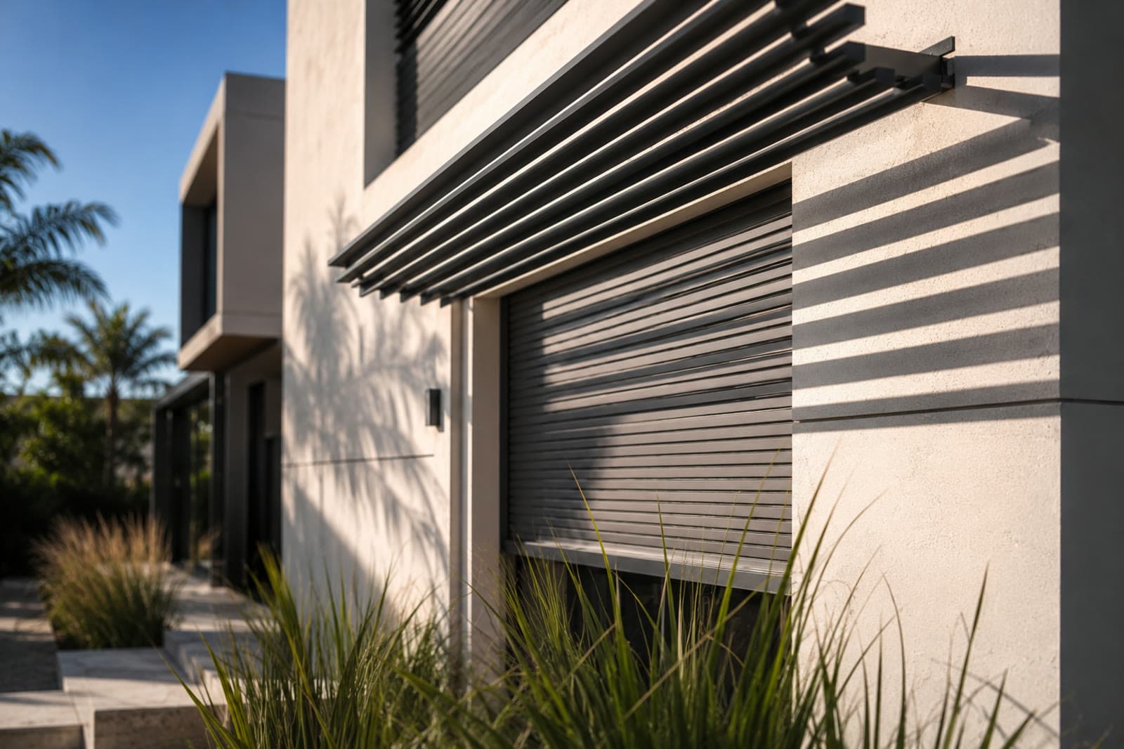 Volet roulant et brise-soleil aluminium anthracite sur une façade de villa.